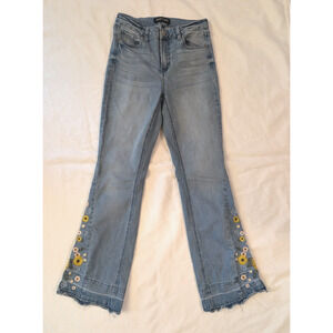 Y2K Boho Embroidered Sunflower Jeans Ashley Mason Womens 7/28 Raw Hem